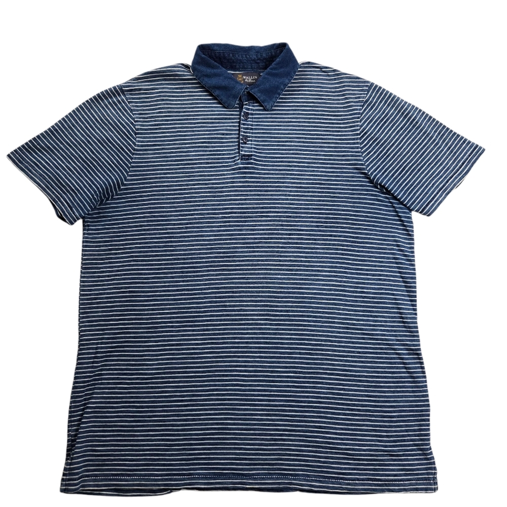 Wallin‎ & Bros Men Large Blue White Striped Polo Short Sleeve Cotton Shirt